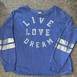 Blue sweatshirt with silver sleeve accents and silver sequin lettering.